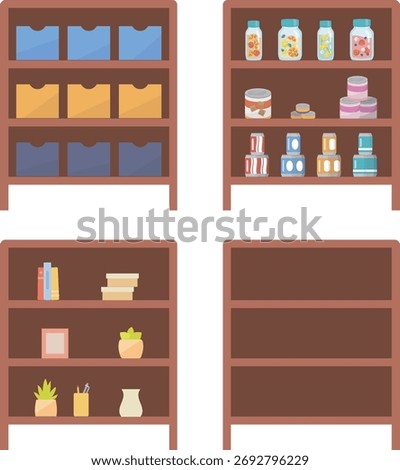 A set of storage shelves in various configurations