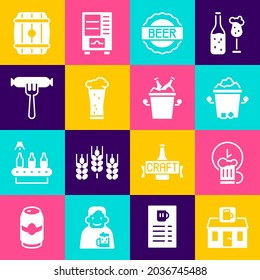 Set Tienda de cerveza, Happy hour, cubo de hielo, tapón de botella con, vidrio, salchicha en la horquilla, barril de madera e icono de botellas de cerveza. Vector