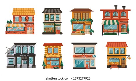 Set von Schaufensterfassaden in einem flachen Stil. Städtische Boutiquen, Friseur, Cafés einzeln auf weißem Hintergrund. Markthalle, Friseur und Café. Vektorgrafik