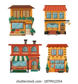 Set of store building facades in a flat style. Urban small coffee, vegetable shop, bakery, bookstore isolated on a white background. Market exterior, Barber shop and cafe. Vector illustration