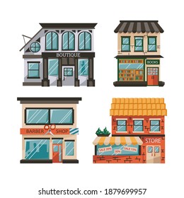 Conjunto de fachadas de la tienda en un estilo plano. Pequeñas tiendas urbanas, peluquería, boutique, librería aislada en un fondo blanco. Exterior de mercado, Barber shop y cafetería. Ilustración del vector