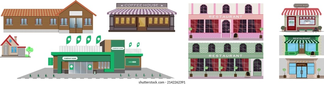 Set of store building facades in a flat style. Urban small shops isolated on a white background. Market exterior, Restaurant and coffee shop. Vector illustration