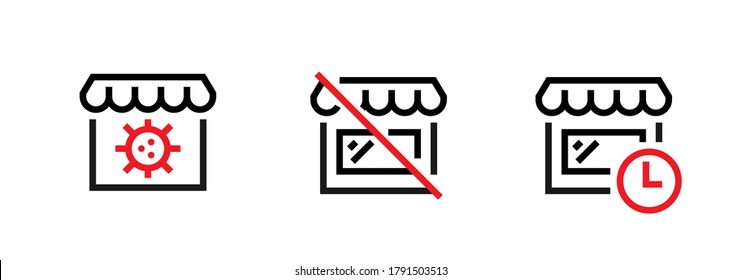 Set Of Store Covid, Building Is Closed And Shop Time Icons. Editable Line Vector. Buildings With Awnings, With Emblem Of Bacterium, A Crossed Out Line And Round Sign Of Clock In Red. Group Pictogram.