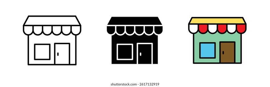 Set of store icon design, Store vector illustration, store logo, stroke, black fill and color fill with stroke isolated on white background