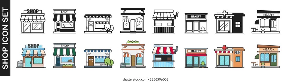Icono de conjunto de almacén. Tiende y almacena iconos establecidos en estilo de diseño plano. Comida rápida, libro de compras, bar, farmacia y café. Ilustración del vector