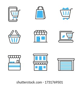 Set of store icons in blue and black design isolated on white background 