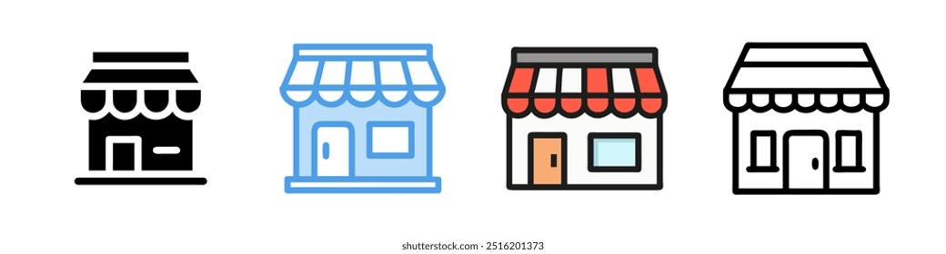 Conjunto de iconos de tienda con varios diseños de tienda. Ilustraciones vectoriales limpias sobre un fondo blanco, ideal para el comercio minorista, el comercio electrónico y las imágenes de negocios