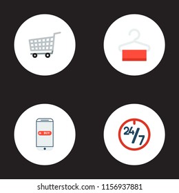 Set of store icons flat style symbols with 24/7, mobile, shopping cart and other icons for your web mobile app logo design.