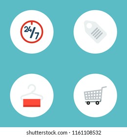 Set of store icons flat style symbols with 24/7, hanger, price tag and other icons for your web mobile app logo design.