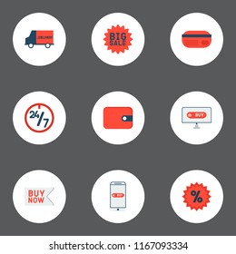 Set of store icons flat style symbols with 24/7, mobile, credit card and other icons for your web mobile app logo design.