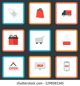 Set of store icons flat style symbols with bag, gift, hanger and other icons for your web mobile app logo design.