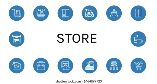 Set of store icons such as Cart, Online shopping, Wardrobe, hours delivery, Promoting, Home delivery, Bag, Cash register, Storage, Buying, Box, Usb flash drive , store