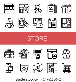 Set of store icons such as Online shop, Promoting, Shop, Discount, Pharmacist, Online shopping, Shopping bag, Flash drive, Gift, Wardrobe, Trolley, Shopping cart, Barcode scanner , store