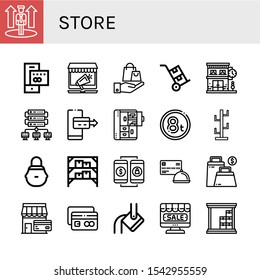 Set of store icons. Such as Promotion, Credit card, Online shopping, Shopping bag, Trolley, Clock shop, Storage, Online payment, Cabinet, Weight, Coat stand, Wicker basket , store icons