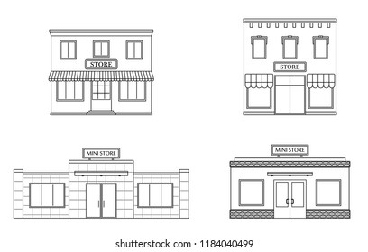 Set of store, shop, mini mall. Store fronts, flat style. Urban retail business buildings. Vector illustration.