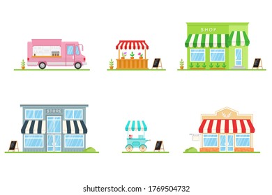 Set of store, shop, street store cart and truck icons. Vector illustration. For web design and application interface, also useful for infographics. Modern minimalist design with facade store building