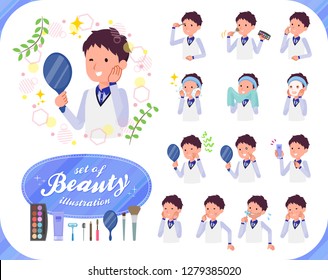 A Set Of Store Stuff Man On Beauty.There Are Various Actions Such As Skin Care And Makeup.It's Vector Art So It's Easy To Edit.