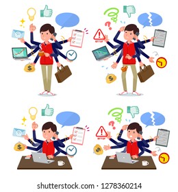 A set of Store stuff man who perform multitasking in the office.There are things to do smoothly and a pattern that is in a panic.It's vector art so it's easy to edit.
