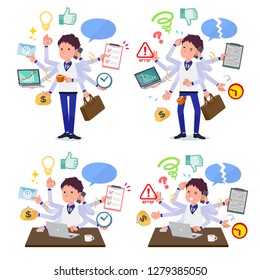 A set of Store stuff man who perform multitasking in the office.There are things to do smoothly and a pattern that is in a panic.It's vector art so it's easy to edit.