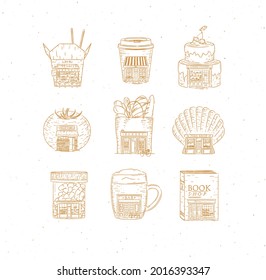 Set of storefront confectionary, coffee, bakery, vegetable, book, asian food, pharmacy, bar, fish shop drawing in vintage style