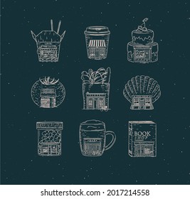 Set of storefront confectionary, coffee, bakery, vegetable, book, asian food, pharmacy, bar, fish shop drawing in vintage style on dark blue background