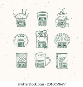 Set of storefront confectionary, coffee, bakery, vegetable, book, asian food, pharmacy, bar, fish shop drawing in vintage style with green lines