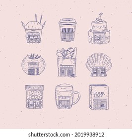 Set of storefront confectionary, coffee, bakery, vegetable, book, asian food, pharmacy, bar, fish shop drawing in vintage style with blue lines