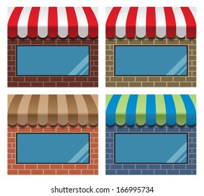set of storefronts with awnings and display windows. vector.