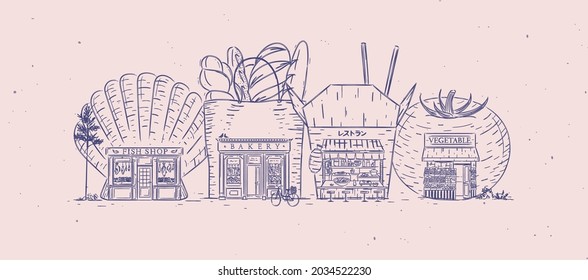 Set of storefronts fish shop, bakery, asian food, bakery drawing with blue color