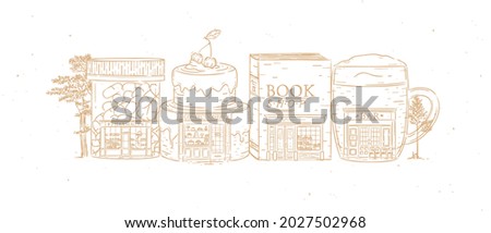 Set of storefronts pharmacy, confectionery, book shop, bar drawing with beige color