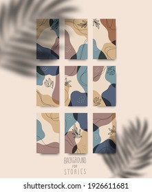 Set of stories backgrounds. Abstract minimal background for stories and social media vector template. Pastel colors with flower and shapes. Abstract minimal boho template for advertisement. Label art