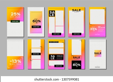 Set of stories for Instagram. Pack for creating your unique content. Modern gradient template. Yellow and pink, magenta colors.  Big sale. Drive urban sport simple design