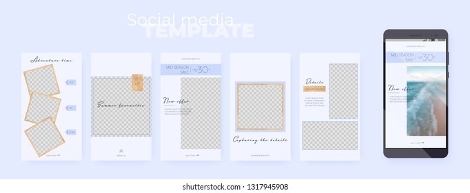 A set of stories layouts with golden glitter decoration on blue pastel background. Vector editable social media templates on transparent background. Insert your photo and text.