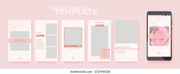 A set of stories layouts with rose gold glitter decoration on pink pastel background. Vector editable social media templates on transparent background. Insert your photo and text.