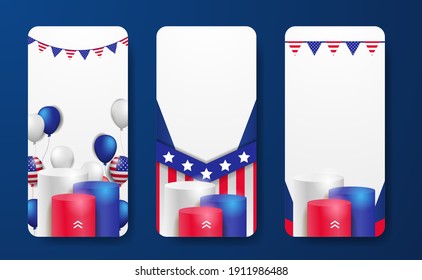 set of stories social media template promotion for 4th july of american independence day of usa with 3d cylinder podium display with white background