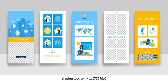 Set of Stories Template on transparent background for social media promo.
Quarantine concept from a Covid-19 for hospitals, medical facilities, World Health organization. Coronavirus. Vector 
