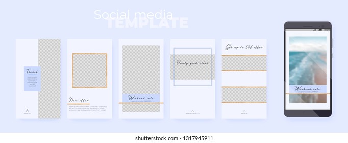 A set of stories templates with golden glitter decoration on blue pastel background. Vector editable social media pack on transparent background. Insert your photo and text.