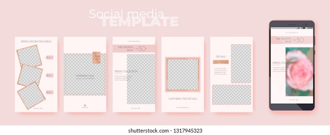 A set of stories templates with rose gold glitter decoration on pink pastel background. Vector editable social media layouts on transparent background. Insert your photo and text.