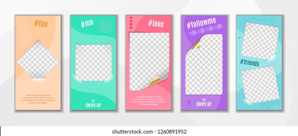 Set Stories Templates. transparent photo frames with curved corner and hashtag for social network. isolated vector illustration