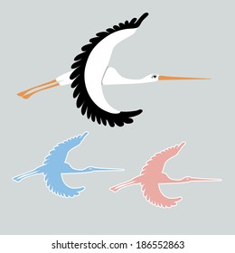 Set of stork flying in the sky.Three options.Vector cartoon Illustration.