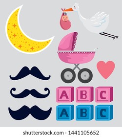 set of stork with hanging baby and mustaches with carriage