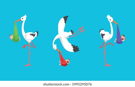 Set of Storks Carrying Newborn Babies Vector Illustration