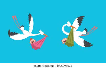 Set of Storks Flying with Newborn Babies, Stork Bird Stork Delivering Baby Vector Illustration