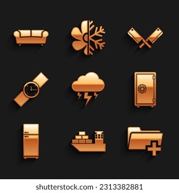 Set Storm, Cargo ship, Add new folder, Safe, Refrigerator and Wrist watch icon. Vector