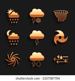 Set Storm, Cloud with rain and lightning, Wind, Tornado, snow, rain, moon,  and sun icon. Vector