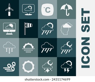 Set Storm, Cloud with rain and moon, Man having headache, Celsius, Cone windsock wind vane, Weather forecast, Wind turbine and sun icon. Vector
