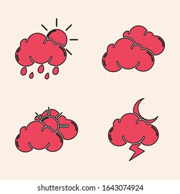 Set Storm, Cloud with rain and sun, Cloud and Sun and cloud weather icon. Vector