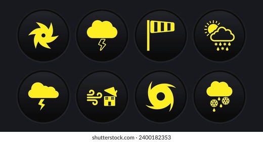 Set Storm, Cloud with snow, rain, sun, Tornado swirl, Cone windsock wind vane, and and  icon. Vector