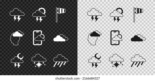 Fijar la tormenta, la vana de viento de sotana, Nube con nieve, lluvia, Hombre con dolor de cabeza e icono de pronóstico del tiempo. Vector