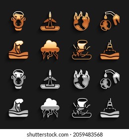 Set Storm, Gas Pump Nozzle And Globe, Floating Buoy On The Sea, Tornado, Tsunami, Global Warming Fire, Face Protective Mask And Wind Turbine Icon. Vector